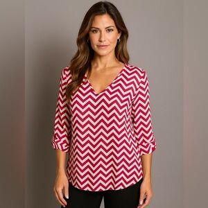 Kiara Popover Blouse Top Semi Sheer 3/4 Sleeve chevron print
